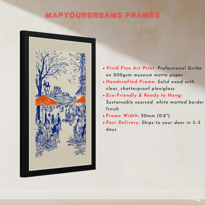 European city street illustration print showing tree-lined avenues and outdoor dining in Paris France. MapYourDreams presents quality framed, unframed, and canvas print options for home decor.