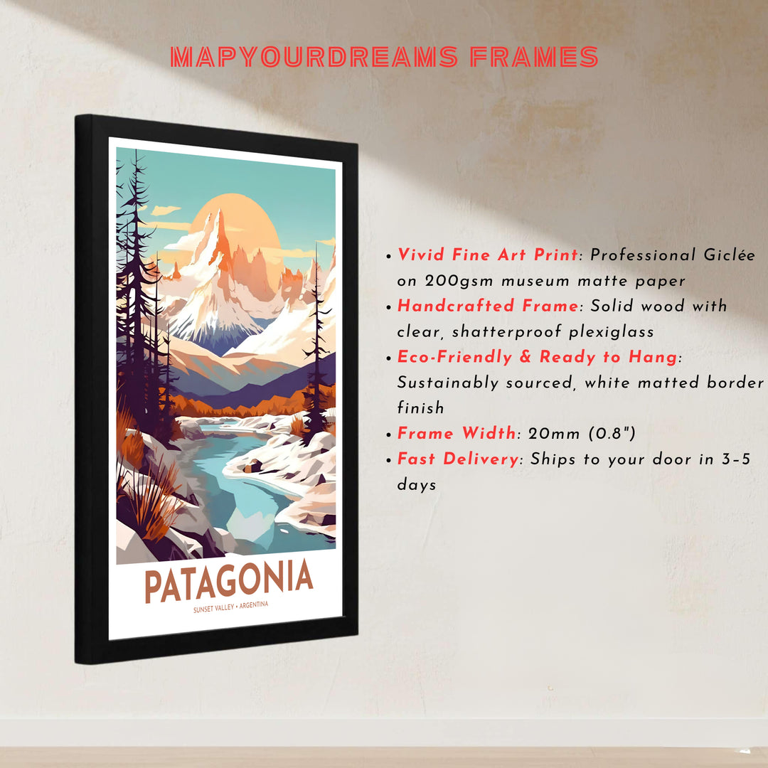 Nestled below Mount Fitz Roy during a vibrant sunset, this Patagonia Mountain wall art brings a rustic alpine feel to modern interiors, presented by MapYourDreams with your choice of fine paper, elegant wooden frames, or gallery canvas finishes.