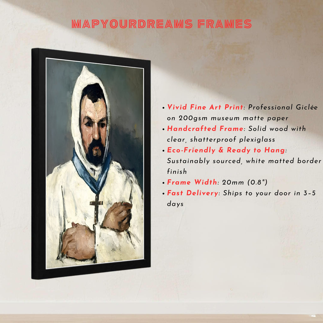Master painter portrait art print of Paul Cezanne Uncle Dominique As A Monk 1866 displaying textured palette knife layers in Aix-en-Provence France. MapYourDreams presents quality framed wall art, unframed poster options, and stretched canvas formats for curated interior spaces.