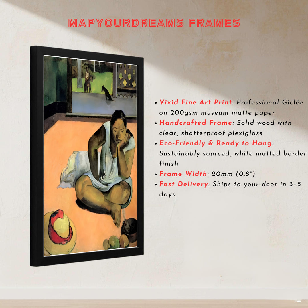 Master Post-Impressionist art print of Paul Gauguin Brooding Woman Te Faaturuma 1891 displaying rich color blocking in Tahiti French Polynesia. MapYourDreams presents quality framed wall art, unframed poster options, and stretched canvas formats for curated interior design spaces.