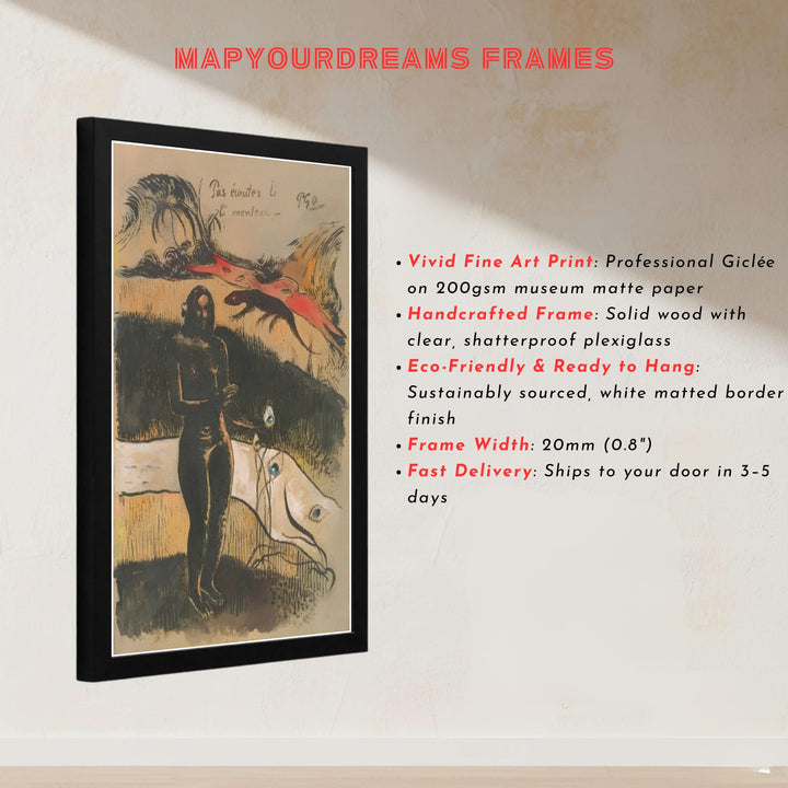 Master Post-Impressionist print of Paul Gauguin Delightful Land Nave Nave Fenua 1894 displaying dark carved textures in Tahiti, French Polynesia. MapYourDreams presents quality framed wall art, unframed poster options, and stretched canvas formats for curated space decoration.
