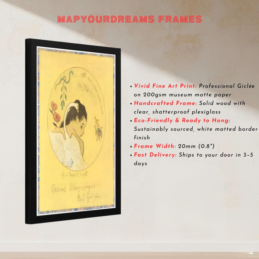 Master Synthetist print of Paul Gauguin Design For A Plate 1889 displaying a bright yellow plate concept in Brittany, France. MapYourDreams presents quality framed wall art, unframed poster options, and stretched canvas formats for curated space decoration.