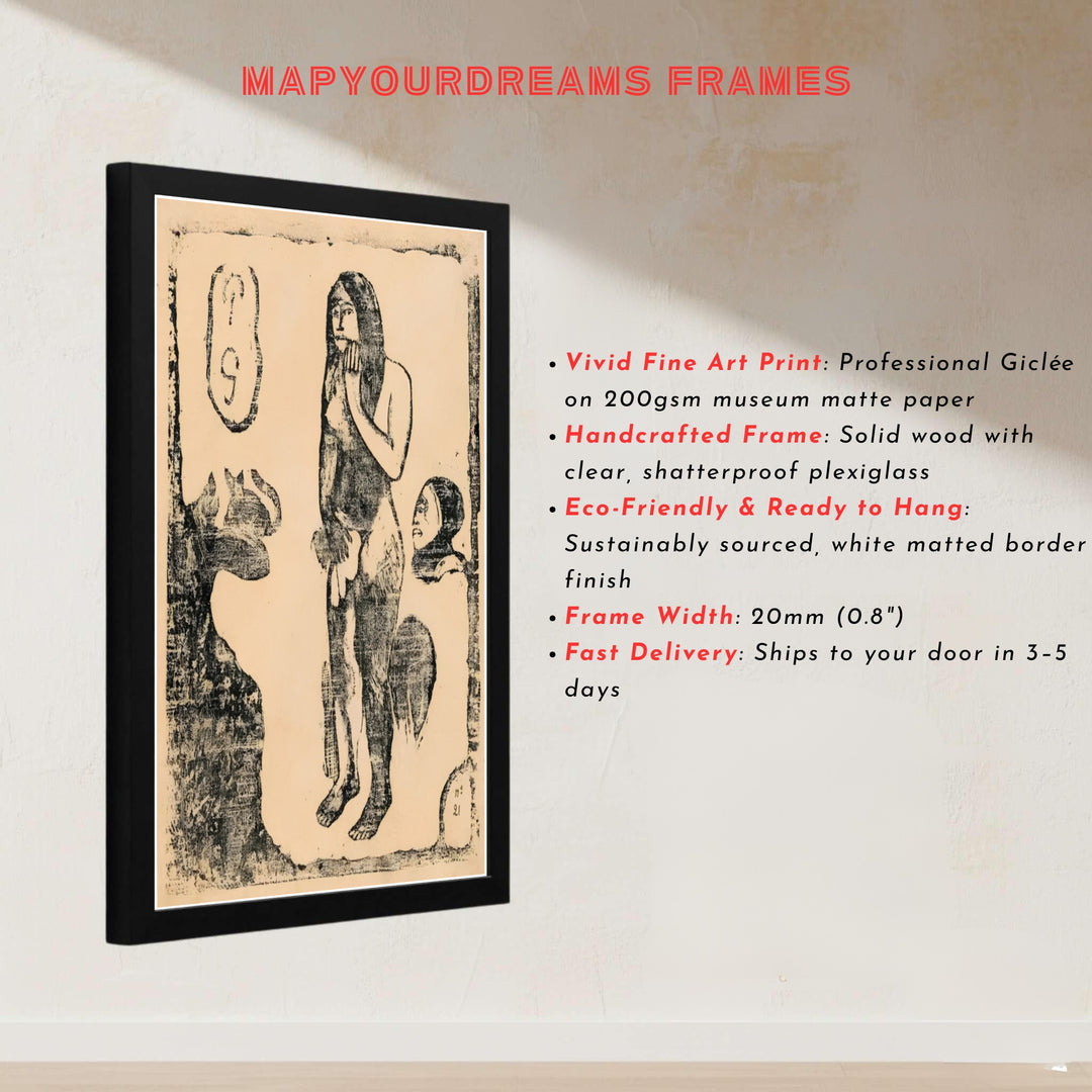 Master Post-Impressionist print of Paul Gauguin Eve Suite Of Late Woodblocks 1898 displaying black ink on parchment paper in Tahiti, French Polynesia. MapYourDreams presents quality framed wall art, unframed poster options, and stretched canvas formats for curated space decoration.