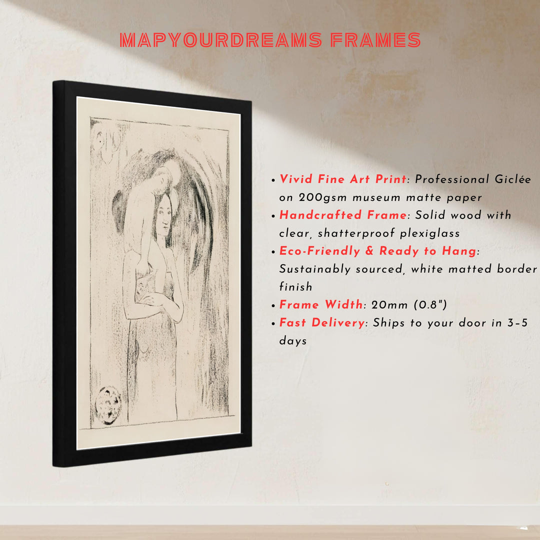 Master Post-Impressionist print of Paul Gauguin Hail Mary Ia Orana Maria 1895 displaying black crayon on parchment paper in Tahiti, French Polynesia. MapYourDreams presents quality framed wall art, unframed poster options, and stretched canvas formats for curated space decoration.
