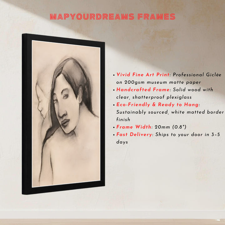 Master Post-Impressionist portrait print of Paul Gauguin Heads Of Tahitian Women 1891 displaying charcoal on parchment paper in Tahiti, French Polynesia. MapYourDreams presents quality framed wall art, unframed poster options, and stretched canvas formats for curated space decoration.