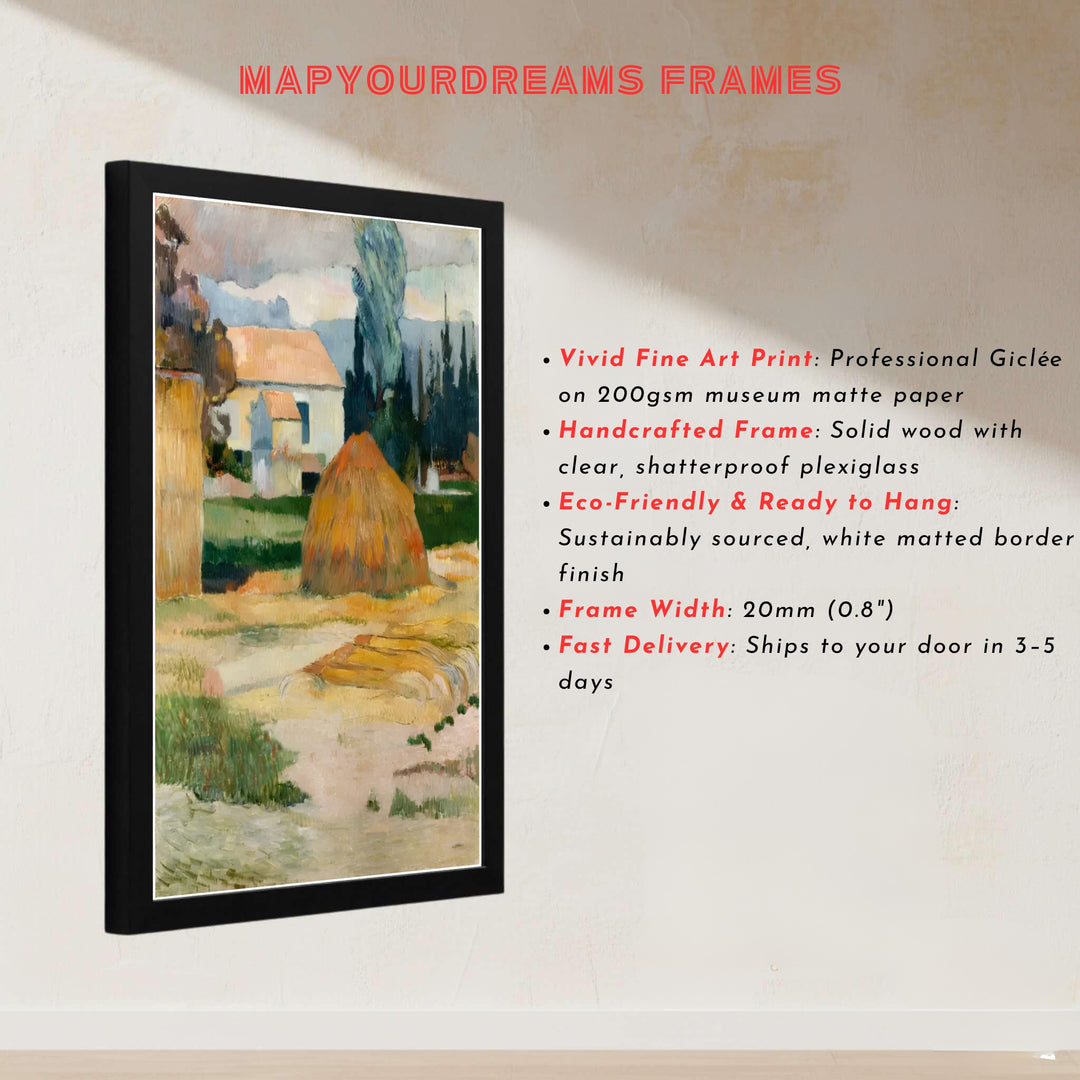 Master Post-Impressionist landscape print of Paul Gauguin Landscape Near Arles 1888 displaying yellow haystacks and fields in Arles, Provence, France. MapYourDreams presents quality framed wall art, unframed poster options, and stretched canvas formats for curated space styling.