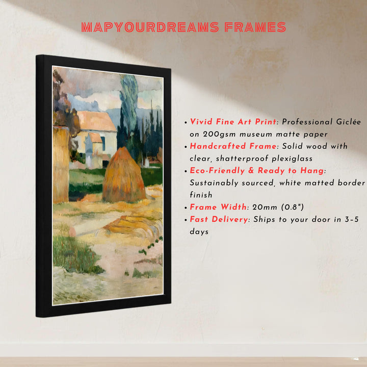 Master Post-Impressionist landscape print of Paul Gauguin Landscape Near Arles 1888 displaying yellow haystacks and fields in Arles, Provence, France. MapYourDreams presents quality framed wall art, unframed poster options, and stretched canvas formats for curated space styling.