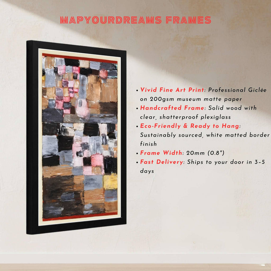 This magnificent reproduction of the Paul Klee painting reflecting Ascent Of A Town 1930 celebrates the balanced arrangement of chromatic facets against a vertical structural backdrop. MapYourDreams makes it easy to style your home by offering this artwork in flexible formats, including unframed prints, elegant custom frames, and professional canvas wraps.