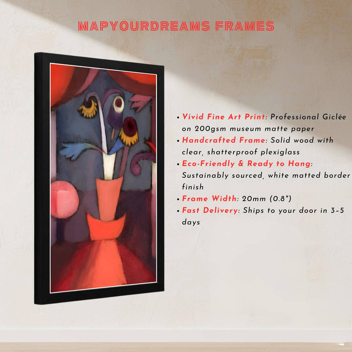 Surrounding a central arrangement of stylized blossoms with rich crimson and violet folds, this 1932 artwork is a masterclass in atmospheric depth. Offered by MapYourDreams, this artwork is available in flexible options including unframed paper, custom wooden frames, and gallery canvas wraps.