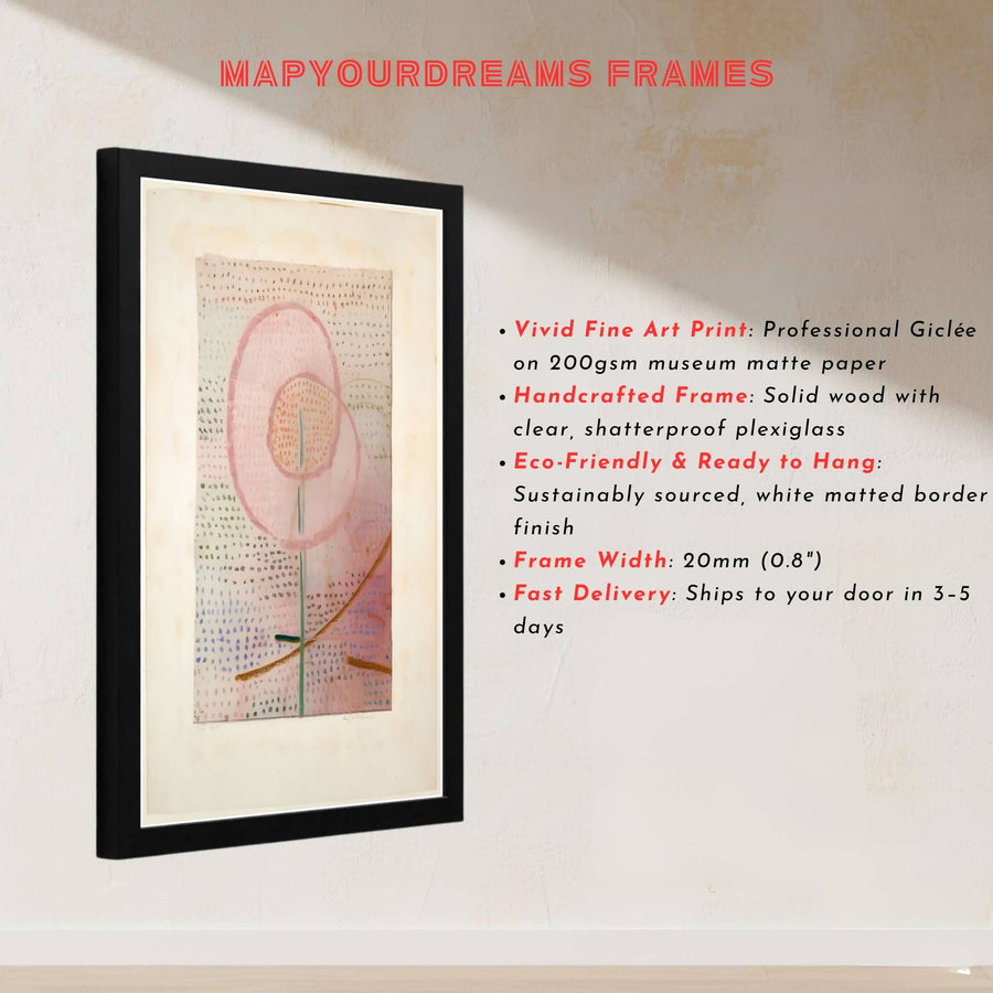 Surrounding a central blossoming motif with meticulous rows of tiny dots and symbols, this Paul Klee Blossoming (Blühend) 1934 poster is a masterclass in texture and understated elegance. Offered by MapYourDreams, this artwork is available in flexible options including unframed paper, custom wooden frames, and gallery canvas wraps.