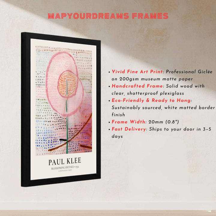 Surrounding a central blossoming motif with meticulous rows of tiny dots and symbols beneath official Kunstmuseum Basel typography, this Paul Klee Blossoming Detail (Blühend) 1934 poster is a masterclass in texture and understated elegance. Offered by MapYourDreams, this artwork is available in flexible options including unframed paper, custom wooden frames, and gallery canvas wraps.