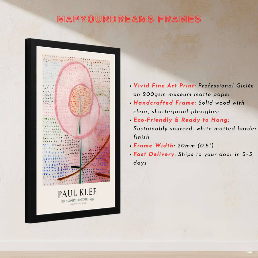 Surrounding a central blossoming motif with meticulous rows of tiny dots and symbols beneath official Kunstmuseum Basel typography, this Paul Klee Blossoming Detail (Blühend) 1934 poster is a masterclass in texture and understated elegance. Offered by MapYourDreams, this artwork is available in flexible options including unframed paper, custom wooden frames, and gallery canvas wraps.