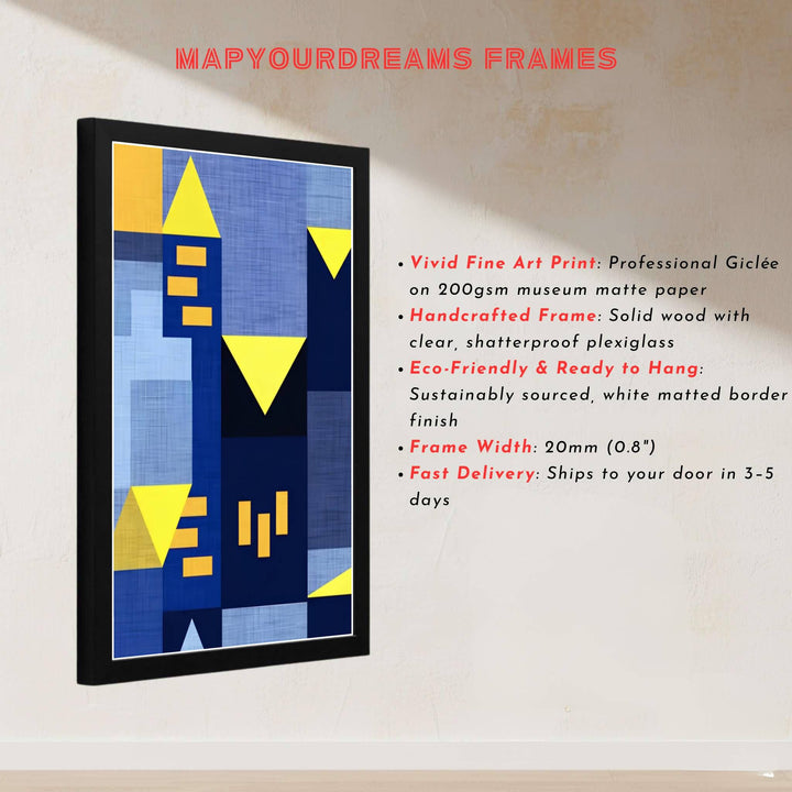Surrounding vertical skyscraper forms with meticulous rows of golden window rectangles, this Paul Klee Blue Night (Blaue Nacht) art print is a masterclass in texture and understated geometric elegance. Offered by MapYourDreams, this artwork is available in flexible options including unframed paper, custom wooden frames, and gallery canvas wraps.