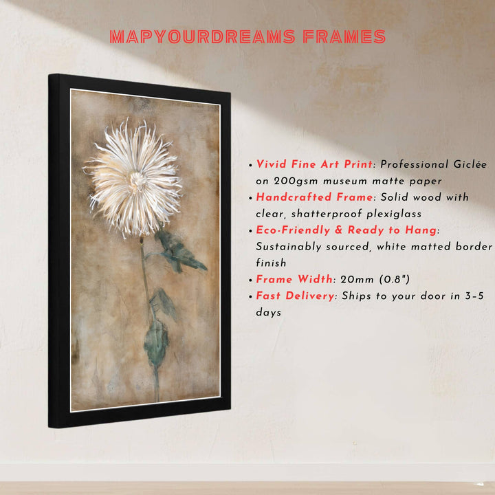 This magnificent reproduction of the Piet Mondrian Chrysanthemum poster celebrates the balanced arrangement of a single blossom against an atmospheric museum-grade backdrop. MapYourDreams makes it easy to style your home by offering this Piet Mondrian Chrysanthemum artwork in flexible formats, including unframed prints, elegant custom frames, and professional canvas wraps.