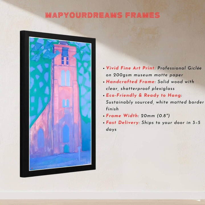 This magnificent reproduction of the Piet Mondrian Church Tower At Domburg poster celebrates the balanced arrangement of the historic Dutch landmark against an atmospheric backdrop. MapYourDreams makes it easy to style your home by offering this artwork in flexible formats, including unframed prints, elegant custom frames, and professional canvas wraps.