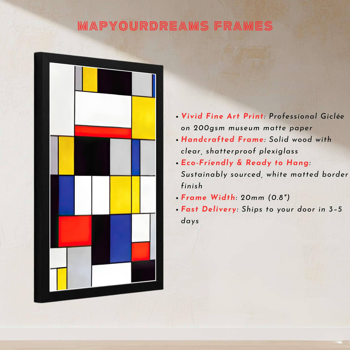This magnificent reproduction of the Piet Mondrian Composition A poster celebrates the balanced arrangement of primary color squares against an architectural grid backdrop. MapYourDreams makes it easy to style your home by offering this artwork in flexible formats, including unframed prints, elegant custom frames, and professional canvas wraps.