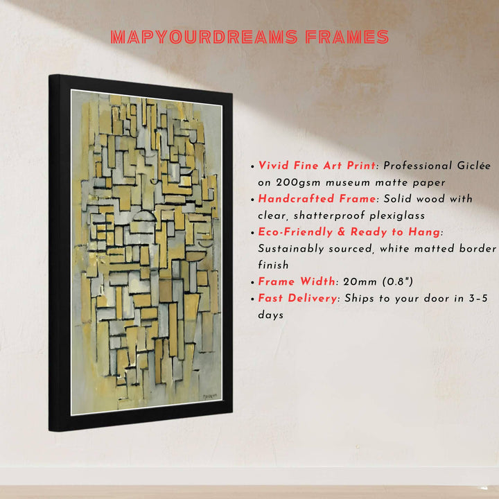 This magnificent reproduction of the 1913 Piet Mondrian Composition In Brown And Gray poster celebrates the balanced arrangement of neutral geometric facets against an atmospheric backdrop. MapYourDreams makes it easy to style your home by offering this artwork in flexible formats, including unframed prints, elegant custom frames, and professional canvas wraps.
