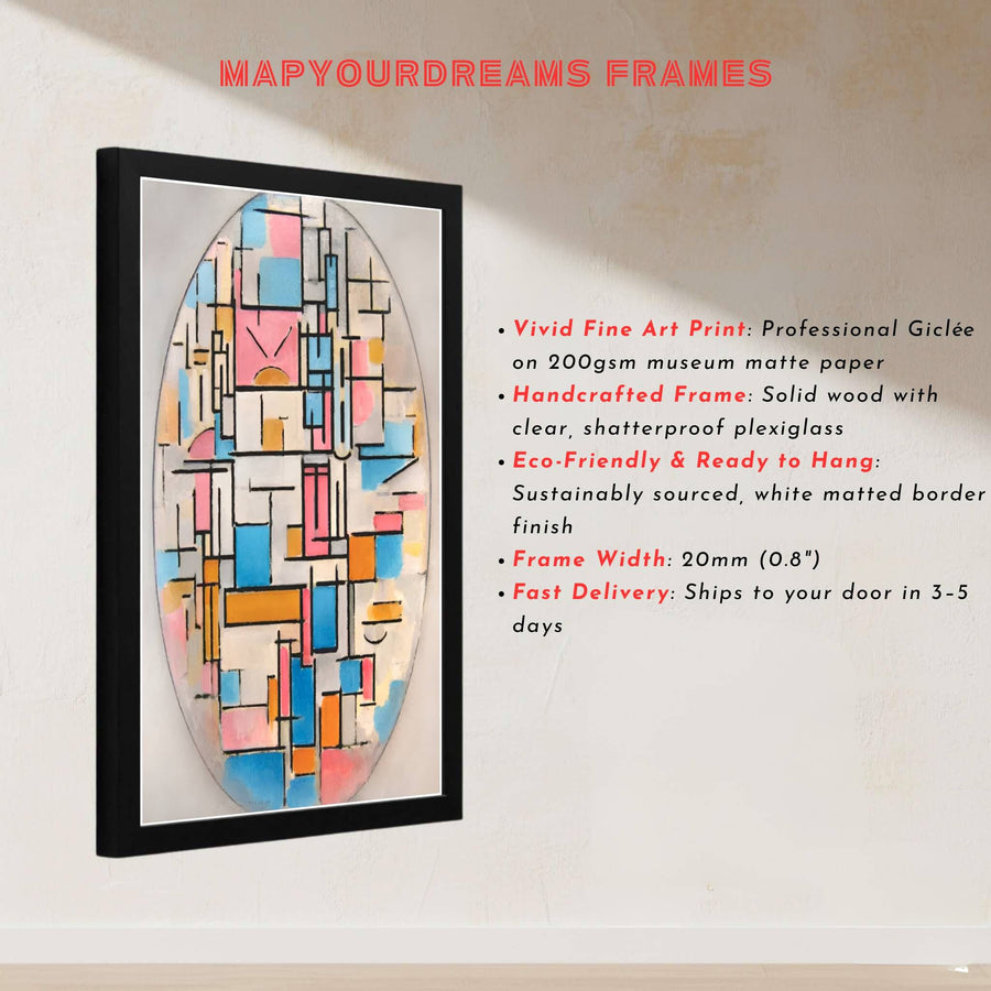 This magnificent reproduction of the 1914 Piet Mondrian Composition In Oval With Color Planes poster celebrates the balanced arrangement of chromatic facets against an atmospheric oval backdrop. MapYourDreams makes it easy to style your home by offering this artwork in flexible formats, including unframed prints, elegant custom frames, and professional canvas wraps.