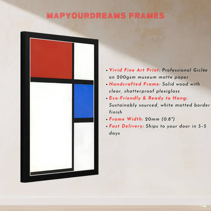 The harmonious blend of primary red and blue accents against stark black grid lines in this historic 1929 Piet Mondrian painting creates an arresting visual centerpiece for refined living spaces. MapYourDreams ensures this geometric wall art adapts seamlessly to your home by offering it in flexible formats, including unframed art prints, custom-colored frames, and gallery-wrapped canvas options.