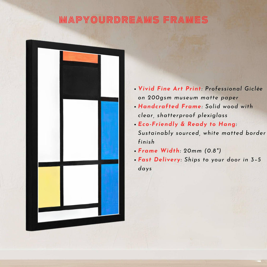 Infusing any room with historic charm and structural depth, this Piet Mondrian print captures the nuanced mastery of his celebrated museum-archived compositions. MapYourDreams offers this exquisite wall art in diverse configurations, accommodating different aesthetic preferences with unframed paper, custom-toned frames, and gallery canvas wraps.