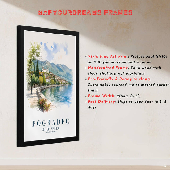 This delicate watercolor artwork of Pogradec Albania captures rich stone textures and clear lakeside skies for sophisticated interior styling. Discover versatile options including unframed matte prints, custom wood frames, and dimensional canvas wraps.