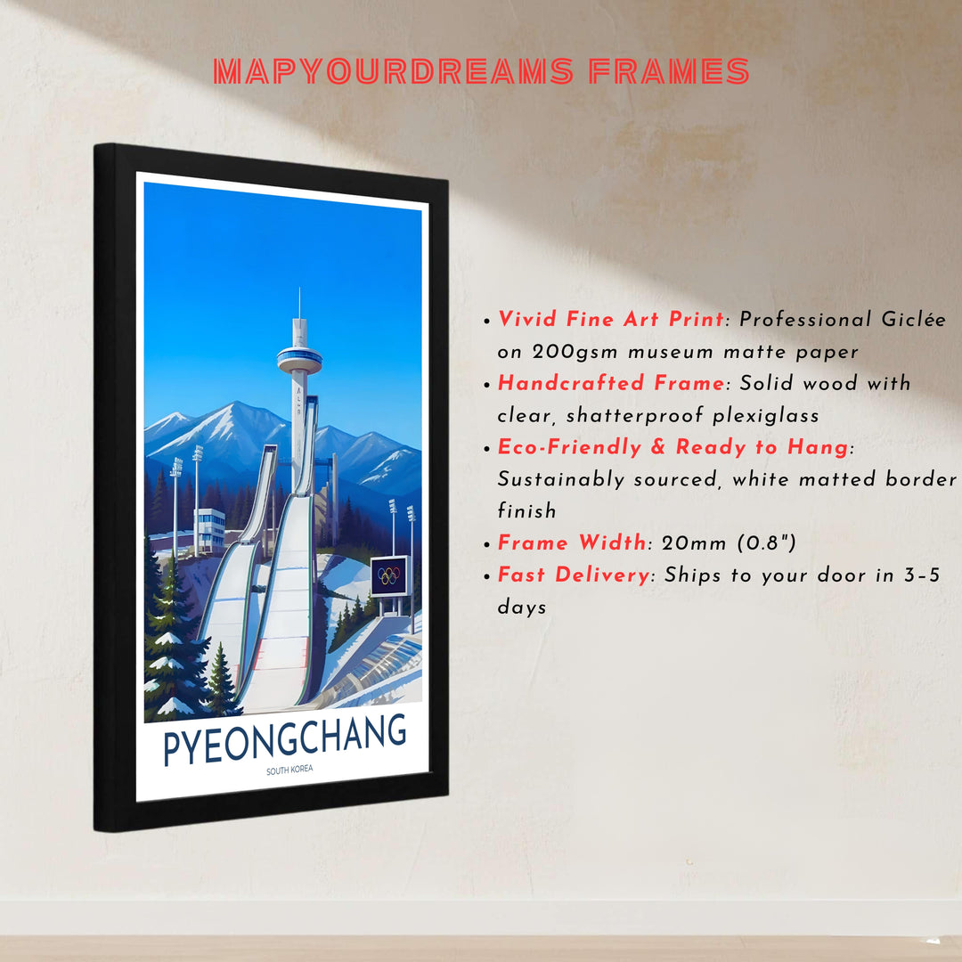 Architectural vector print honoring the winter sports infrastructure of Pyeongchang, South Korea, showcasing the towering Alpensia Ski Jump lookout and surrounding mountain peaks. Offered by MapYourDreams, this artwork is available in flexible options including unframed paper, custom wooden frames, and gallery canvas wraps.