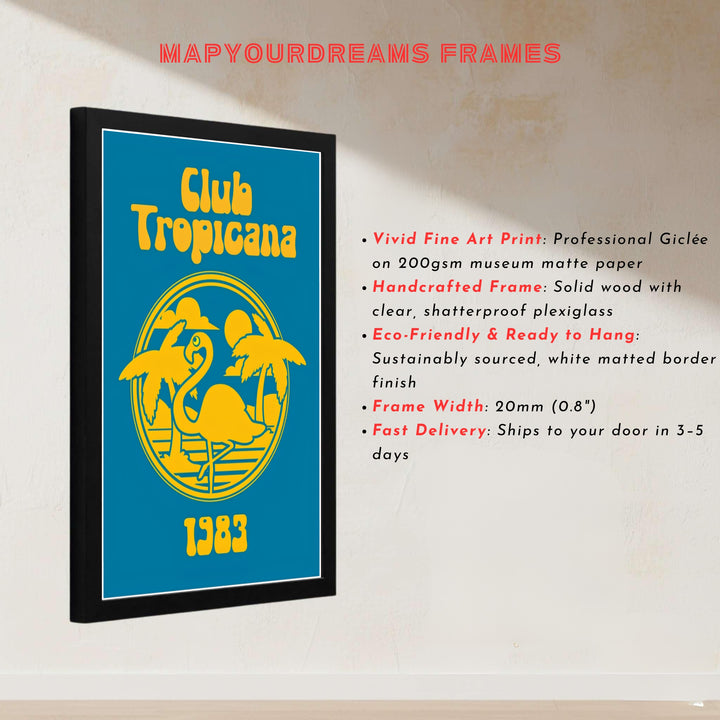 Classic Club Tropicana venue art print showcasing 1983 typography and a yellow flamingo surrounded by palm trees, offered by MapYourDreams as an unframed paper print, stretched canvas wall art, or custom framed print in natural wood finishes.
