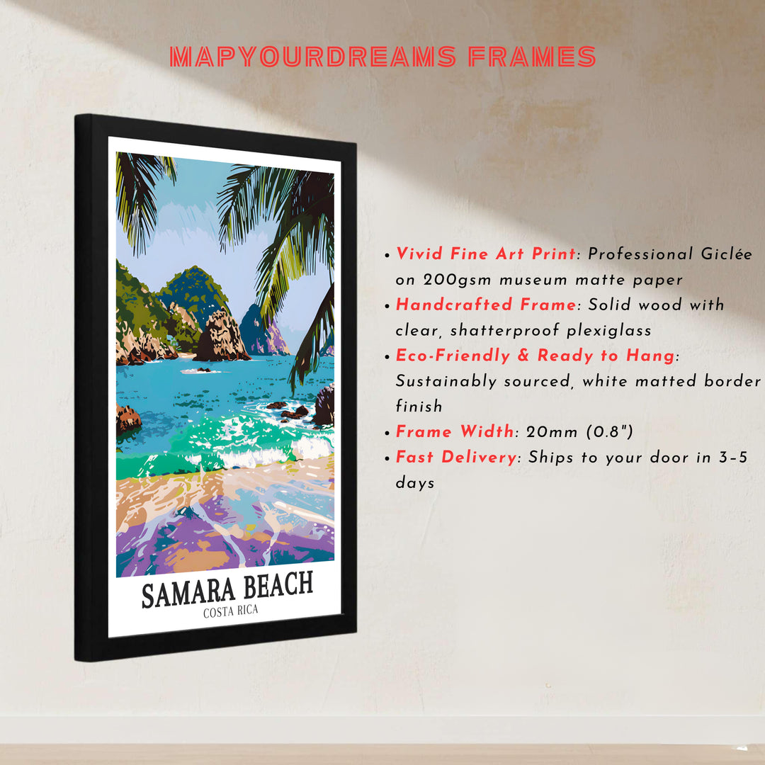 Famous Guanacaste coastal scenery at Samara Beach and Whale Tails Rocks in Costa Rica decorates this wall print. Buy high-definition framed, unframed, and canvas poster options at MapYourDreams.