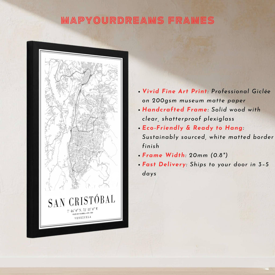 Vector style map illustration depicting the road intersections and mountain contours of San Cristóbal in western Venezuela. Handcrafted by MapYourDreams, customers can select from convenient options like unframed prints, ready-to-hang wooden frames, or gallery canvas wraps.