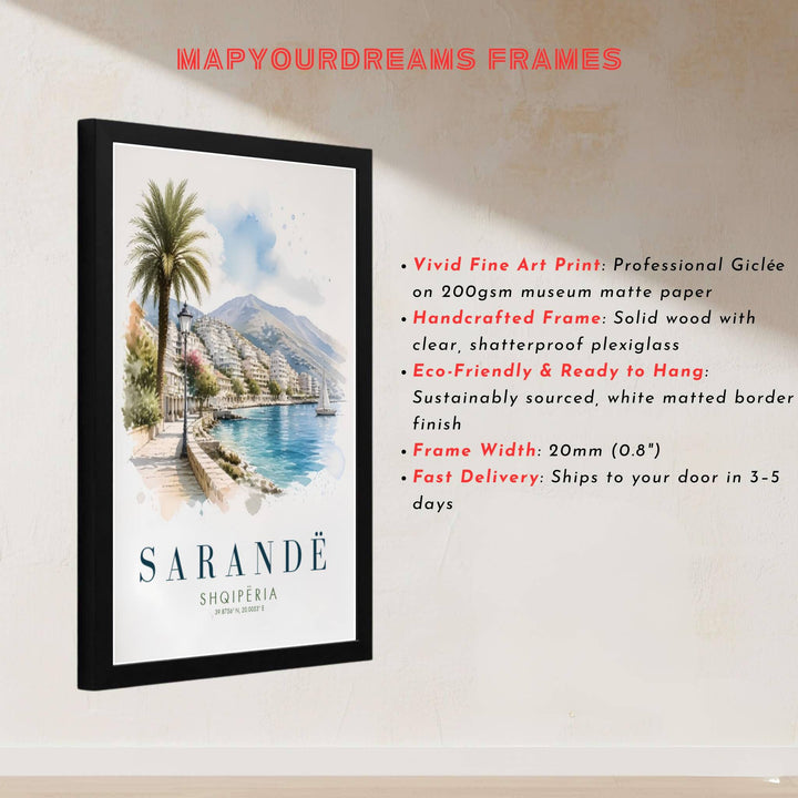 This delicate watercolor artwork of Sarandë Albania captures rich stone textures and clear coastal skies for sophisticated interior styling. Discover versatile options including unframed matte prints, custom wood frames, and dimensional canvas wraps.