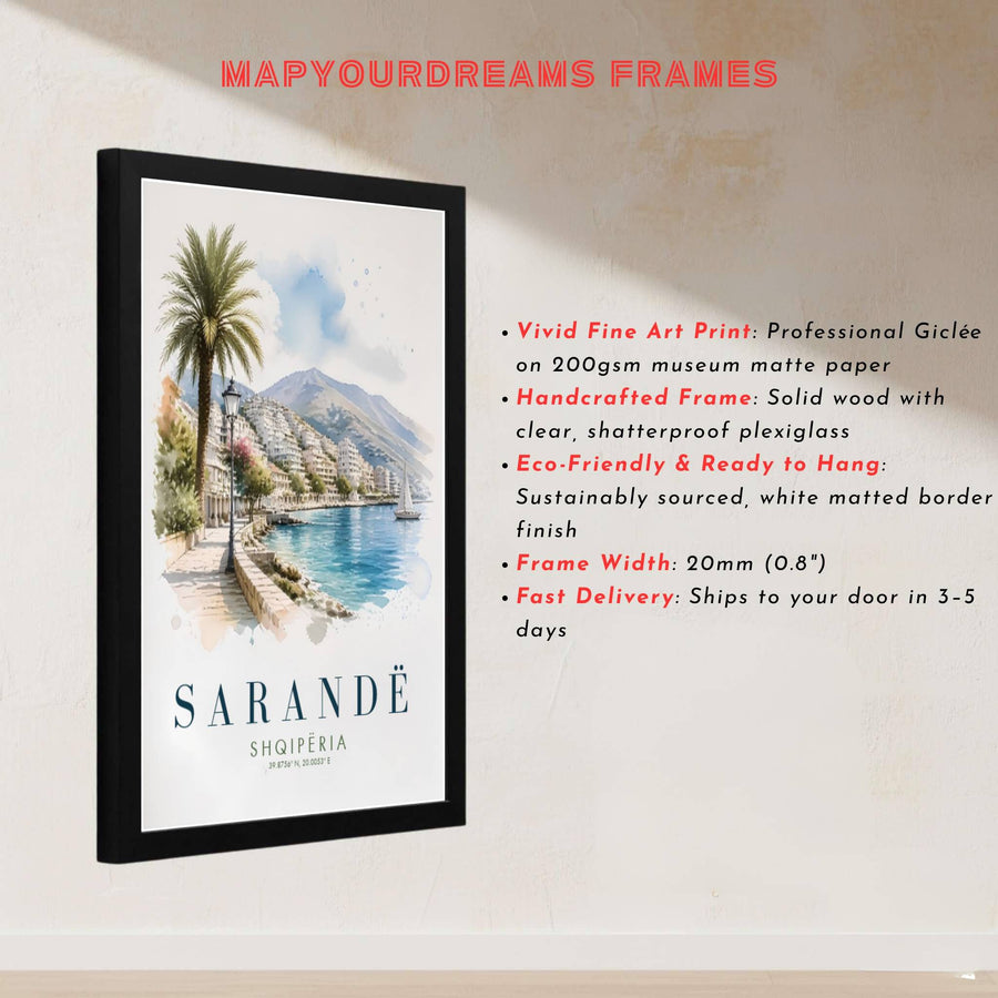 This delicate watercolor artwork of Sarandë Albania captures rich stone textures and clear coastal skies for sophisticated interior styling. Discover versatile options including unframed matte prints, custom wood frames, and dimensional canvas wraps.