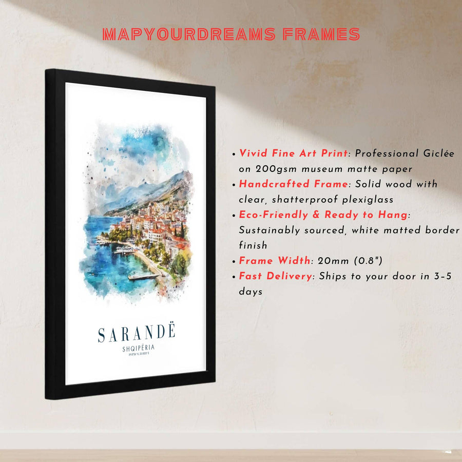 This delicate watercolor artwork of Sarandë Albania captures rich urban textures and clear coastal skies for sophisticated interior styling. Discover versatile options including unframed matte prints, custom wood frames, and dimensional canvas wraps.