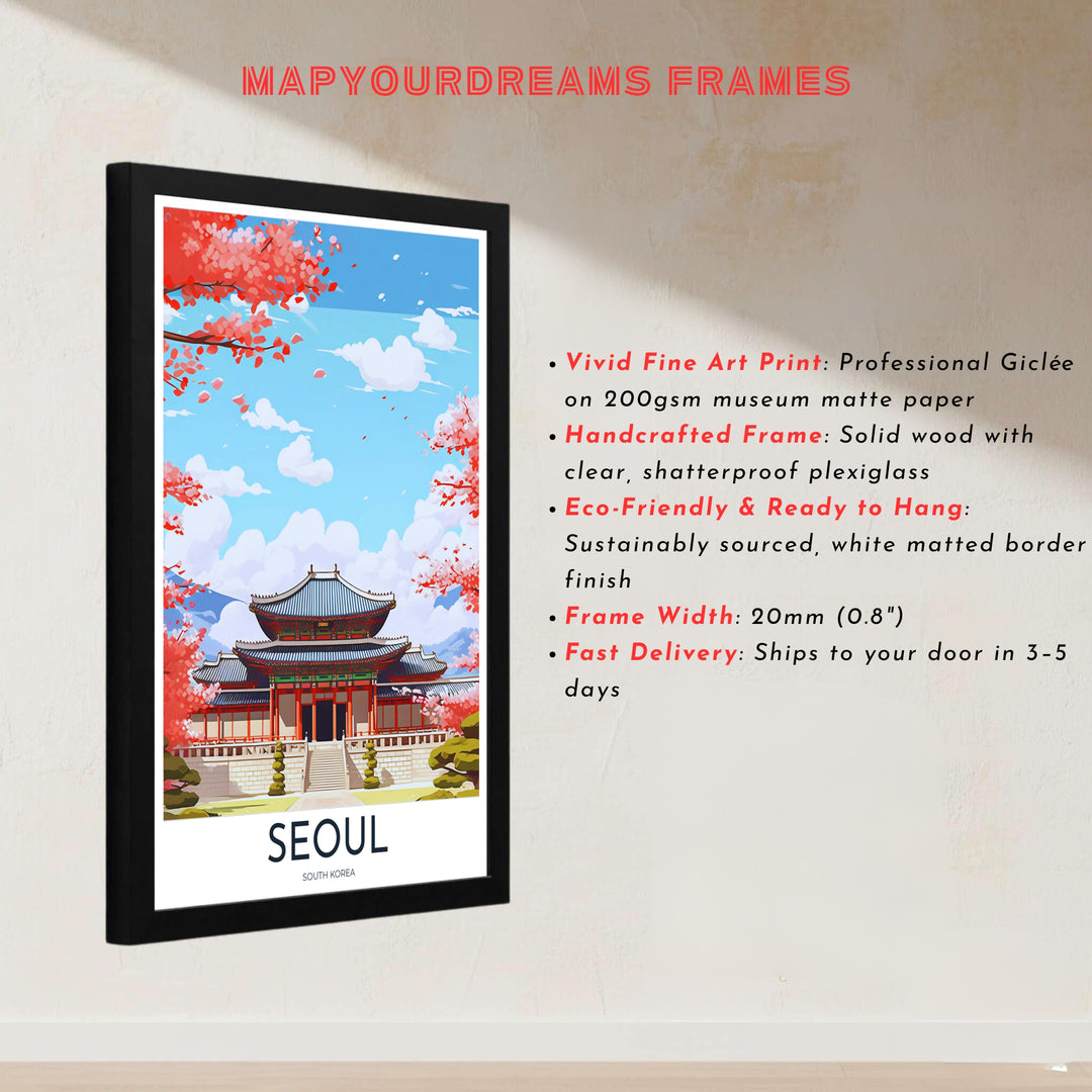 Architectural vector print honoring the royal palace history of Seoul, South Korea, with detailed linework of Gyeongbokgung Palace&
