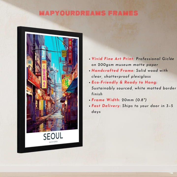 Architectural anime print honoring urban Korean street design in Seoul, South Korea, with detailed line art of power lines, storefront awnings, and glowing neon signboards. Offered by MapYourDreams, this artwork is available in flexible options including unframed paper, custom wooden frames, and gallery canvas wraps.