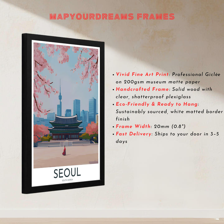 Architectural vector print honoring Joseon dynasty heritage in Seoul, South Korea, with detailed linework of Gyeongbokgung Palace eaves set against modern glass skyscrapers and N Seoul Tower. Offered by MapYourDreams, this artwork is available in flexible options including unframed paper, custom wooden frames, and gallery canvas wraps.