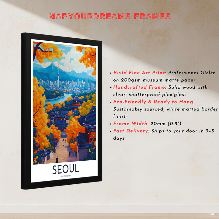 Architectural vector print honoring historic Joseon dynasty neighborhoods in Seoul, South Korea, with detailed tiled rooflines set against vibrant autumn trees and modern city skyline towers. Offered by MapYourDreams, this artwork is available in flexible options including unframed paper, custom wooden frames, and gallery canvas wraps.