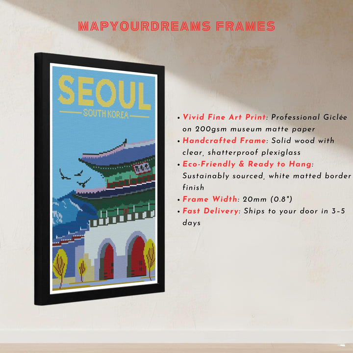 Architectural tapestry print honoring Gwanghwamun Gate in Seoul, South Korea, with detailed stitch-like textures highlighting stone wall battlements, wooden gates, and blue mountains. Offered by MapYourDreams, this artwork is available in flexible options including unframed paper, custom wooden frames, and gallery canvas wraps.
