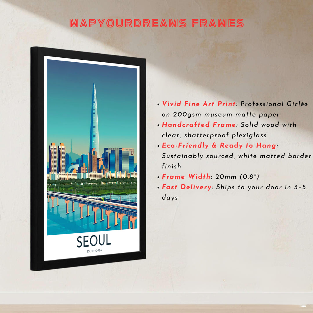Retro teal city landscape art print showcasing Seoul South Korea&