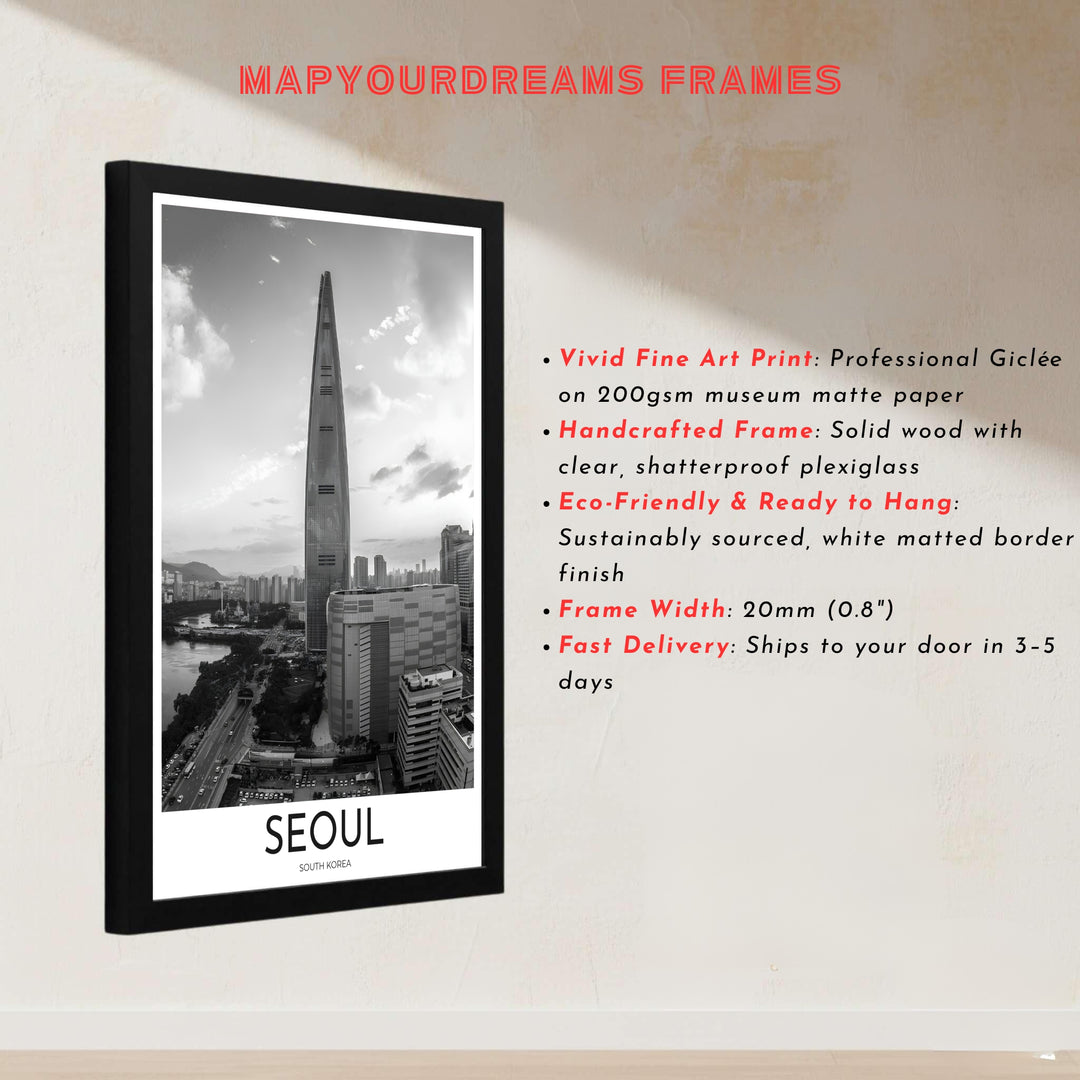 Contemporary black and white city print depicting the sprawling streets and riverbanks around Seoul&