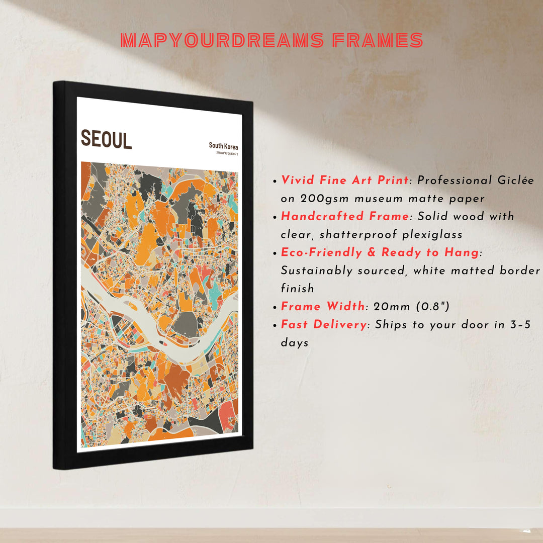 Contemporary warm-toned geographic print depicting the detailed city layout of Seoul, South Korea, presented by MapYourDreams in customizable choices like unframed paper, gold framing, and gallery canvas created to enrich cozy modern living and workspace areas.