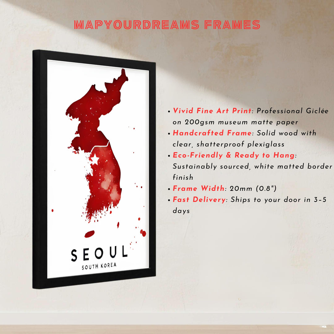 Contemporary red painterly geographic print depicting the peninsula map and capital location of Seoul, South Korea, presented by MapYourDreams in customizable choices like unframed paper, gold framing, and gallery canvas created to enrich modern living and workspace areas.
