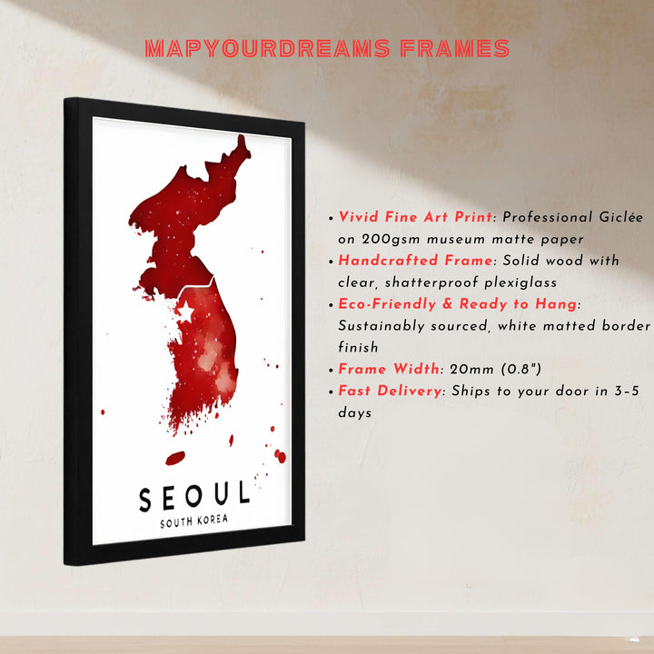 Contemporary red painterly geographic print depicting the peninsula map and capital location of Seoul, South Korea, presented by MapYourDreams in customizable choices like unframed paper, gold framing, and gallery canvas created to enrich modern living and workspace areas.