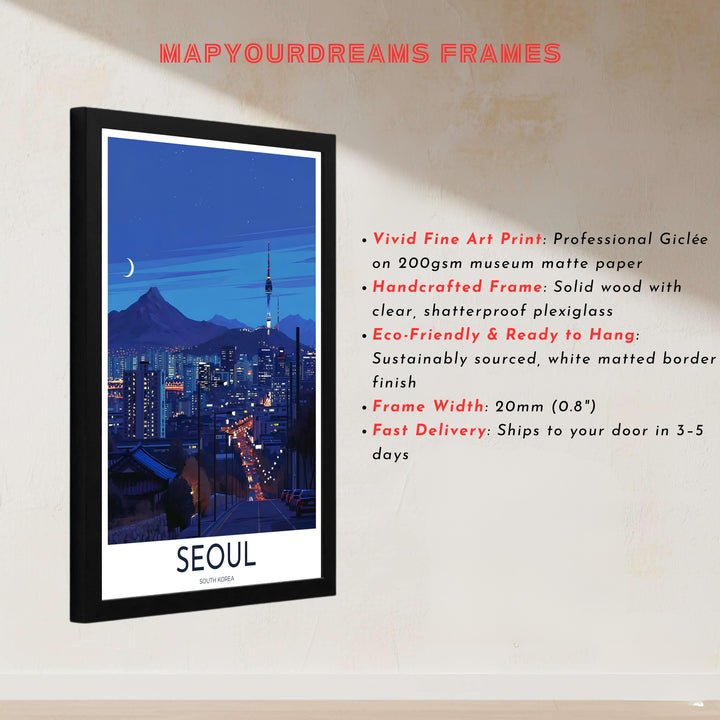 Contemporary dark blue cityscape print depicting the glowing streetlights and urban panorama of Seoul South Korea, presented by MapYourDreams in customizable choices like unframed paper, gold framing, and gallery canvas created to enrich modern bedroom and workspace areas.