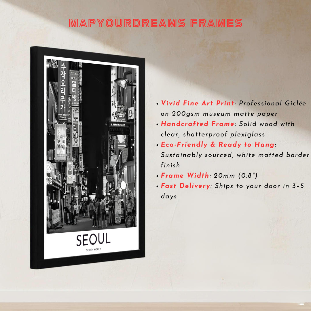 Contemporary black and white cityscape photo print depicting a bustling night alley in Seoul South Korea, presented by MapYourDreams in customizable choices like unframed paper, gold framing, and gallery canvas created to enrich modern industrial and workspace areas.