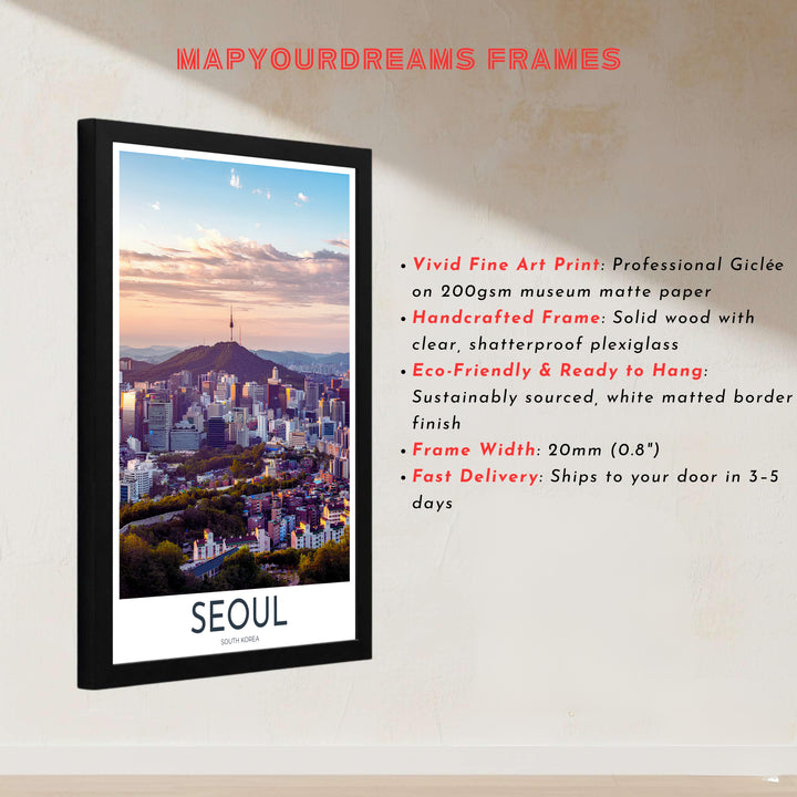 Architectural sunset wall decor capturing N Seoul Tower and Namsan Mountain under soft twilight clouds in South Korea, offered by MapYourDreams in versatile choices including unframed matte paper, wooden frames, and canvas wraps that transform empty room walls into captivating art displays.