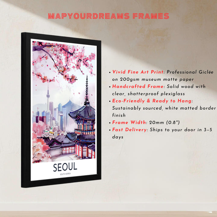 Contemporary floral cityscape watercolor print depicting the peaceful spring atmosphere of Seoul South Korea, presented by MapYourDreams in customizable choices like unframed paper, gold framing, and gallery canvas created to enrich modern living rooms and workspace areas.