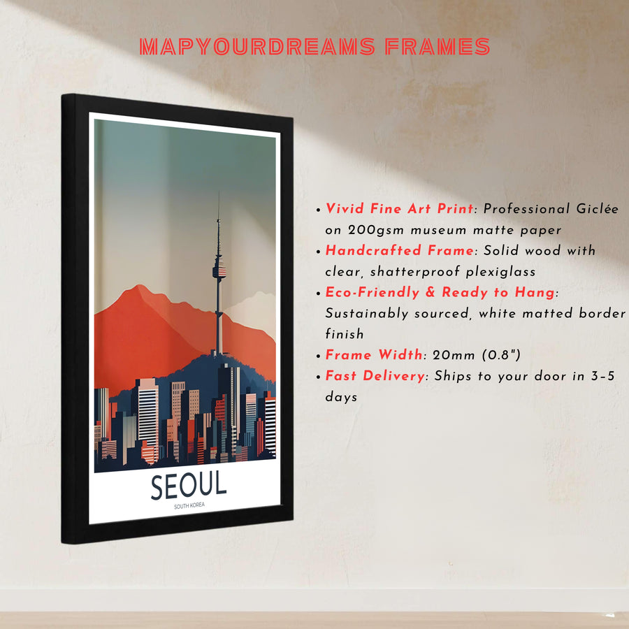 Contemporary vector cityscape print depicting the iconic Namsan Mountain panorama of Seoul South Korea, presented by MapYourDreams in customizable choices like unframed paper, gold framing, and gallery canvas created to enrich modern office and workspace areas.
