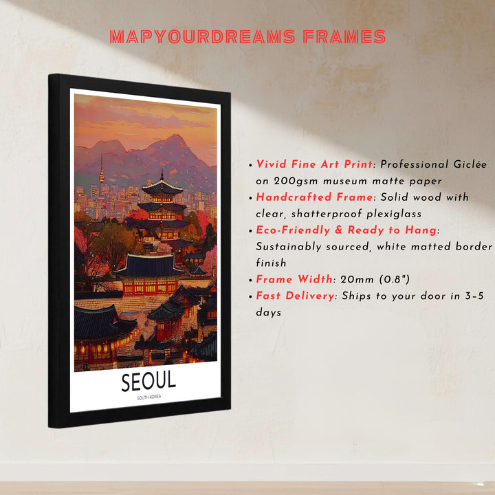 Contemporary palace landscape print depicting the peaceful evening atmosphere of Seoul South Korea, presented by MapYourDreams in customizable choices like unframed paper, gold framing, and gallery canvas created to enrich modern living rooms and workspace areas.