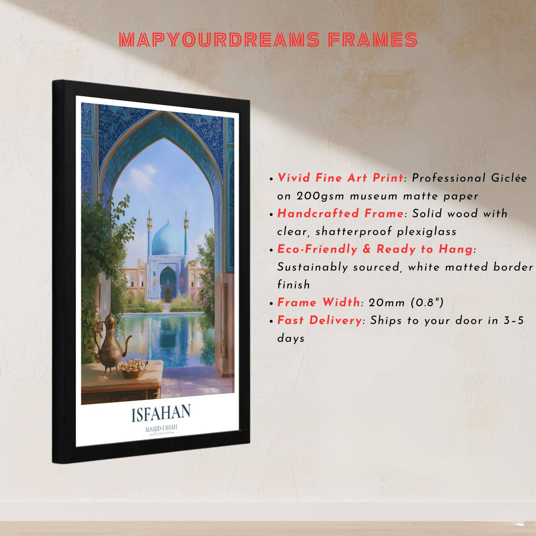 Architectural art print of sacred Shah Mosque in Isfahan Iran with turquoise domes, cobalt mosaic arches, and quiet courtyard views. Built by MapYourDreams, this artwork is available in flexible options including unframed paper, custom wooden frames, and gallery canvas wraps for modern apartment decor.