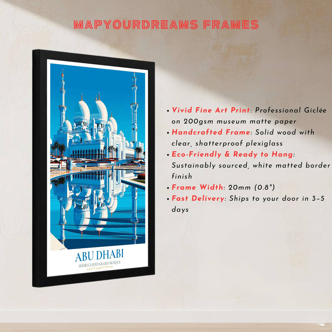 Architectural art print of sacred Sheikh Zayed Grand Mosque in Abu Dhabi UAE with white marble arches and cerulean blue water basin mirror. Built by MapYourDreams, this artwork is available in flexible options including unframed paper, custom wooden frames, and gallery canvas wraps for modern apartment decor.